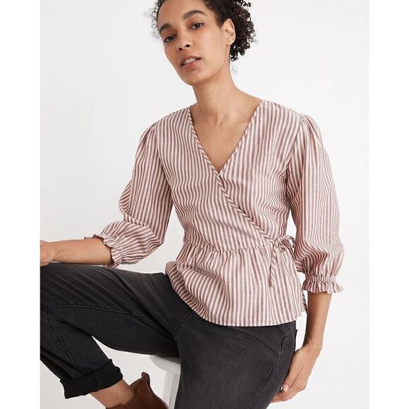 MADEWELL Puff-Sleeve Peplum Wrap Top in Stripe size XXS Retails $79 - Picture 1 of 12